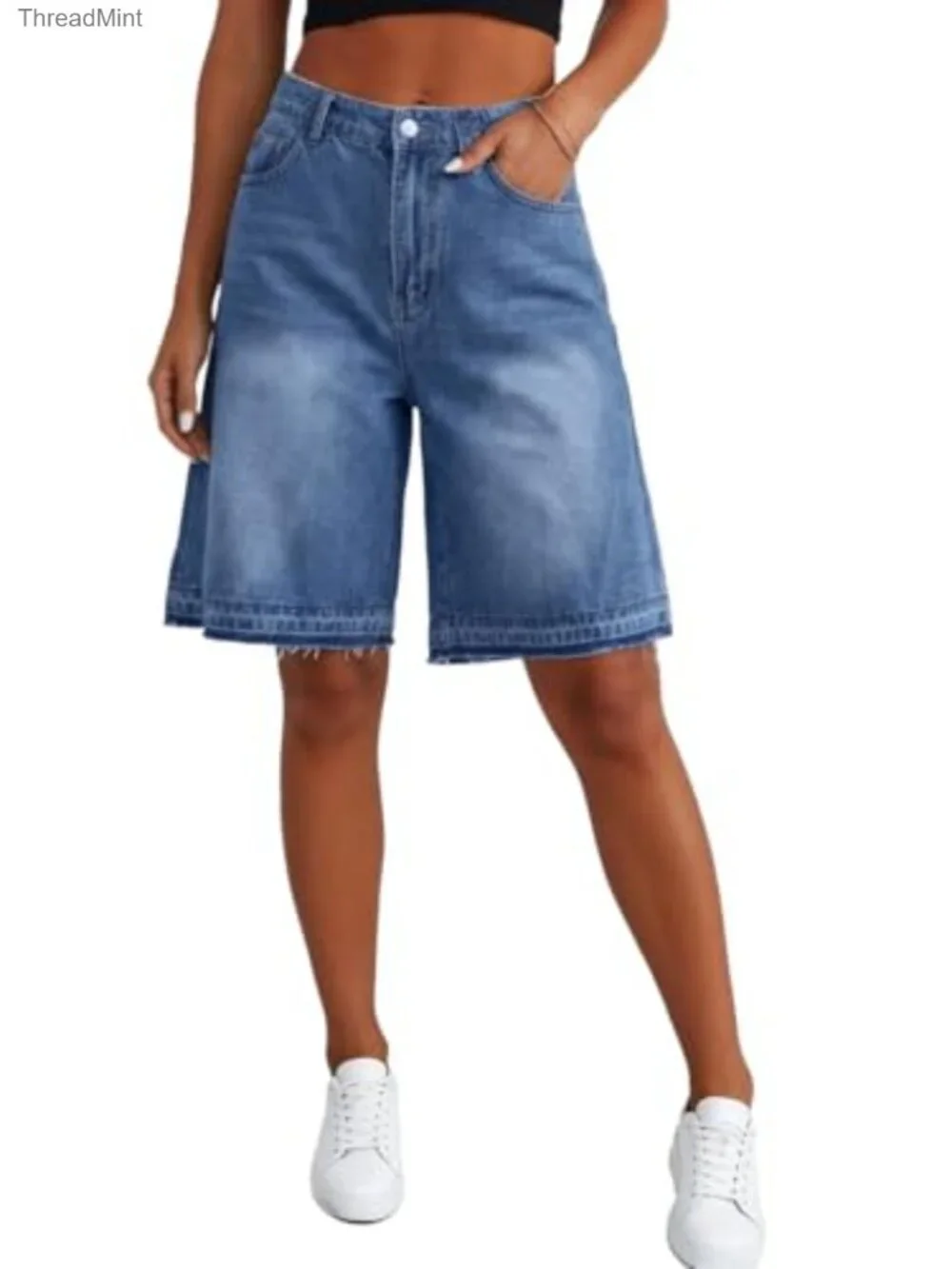 High Waisted Baggy Denim Bermuda Shorts Plus Size Stretchy